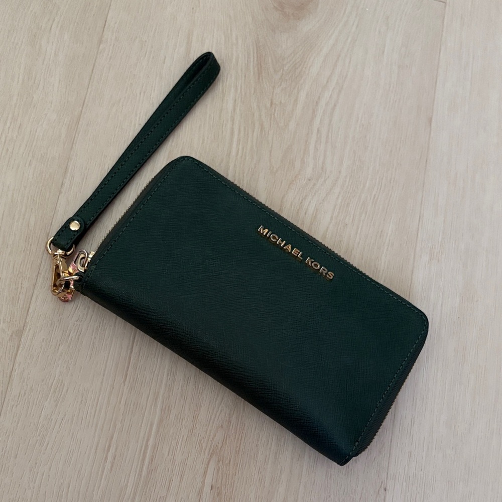 Michael Kors Dark Green Wristlet with Gold Accents